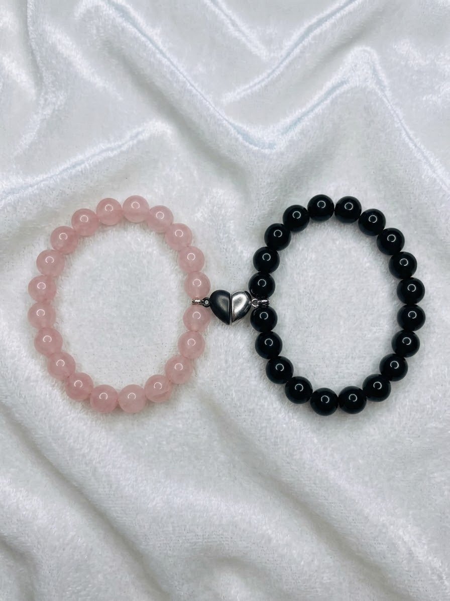 Rose Quartz & Black Onyx Magnetic Heart Bracelets