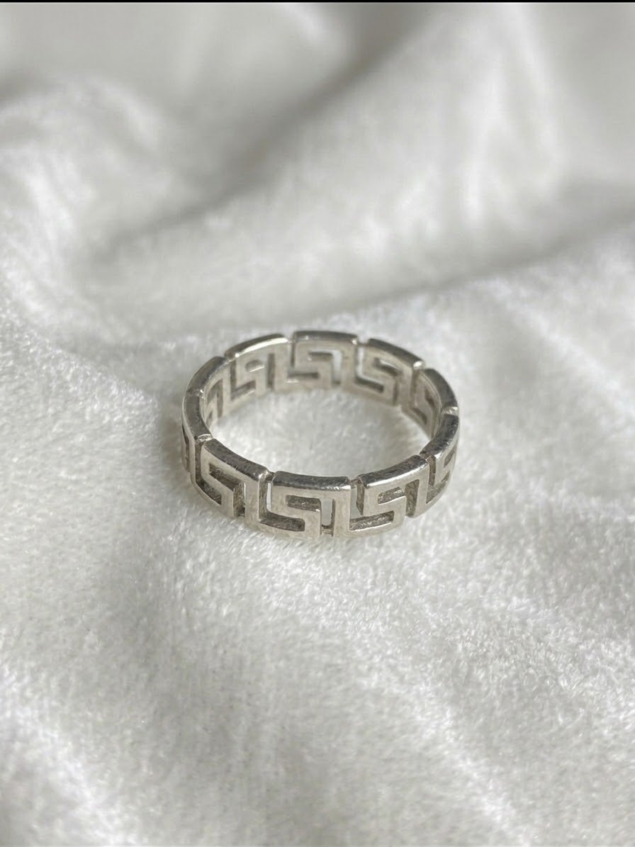 Silver Versace-Style Greek Key Pattern Ring