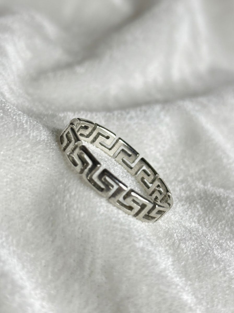 Silver Versace-Style Greek Key Pattern Ring