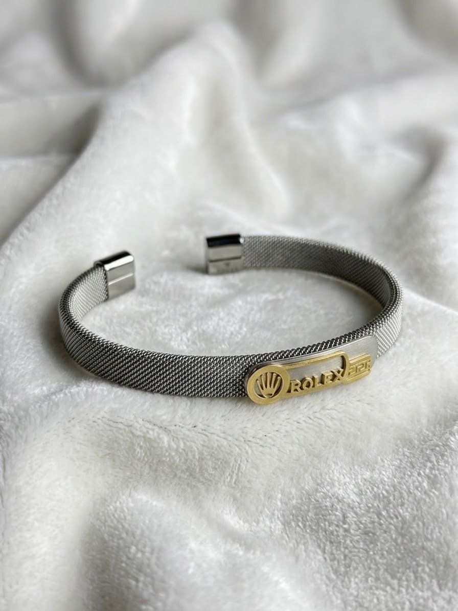 Rolex-Style Crown Silver Mesh Cuff Bracelet