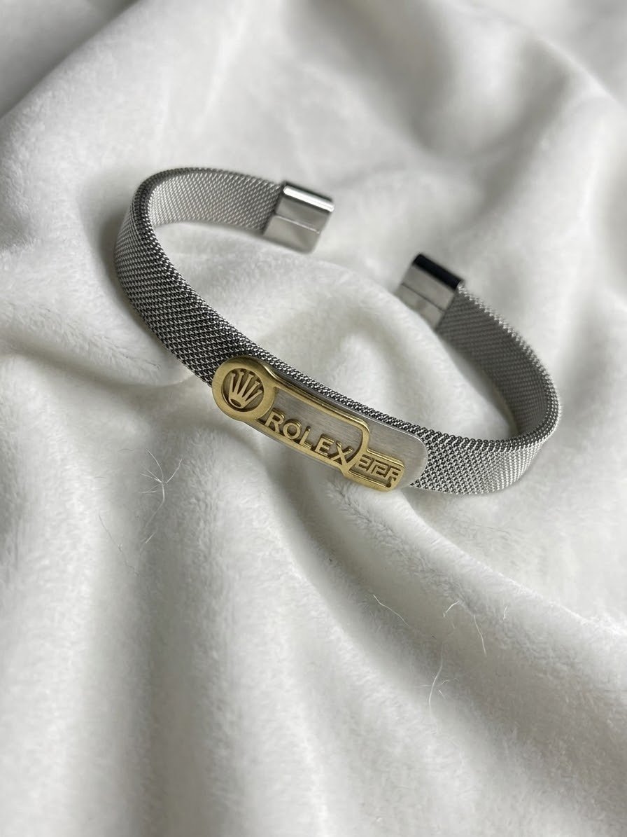 Rolex-Style Crown Silver Mesh Cuff Bracelet